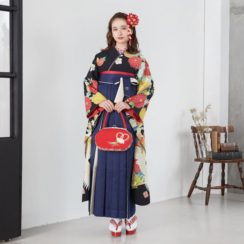 ジャパンスタイル 【SALE】 黒 波鶴に宝文 レンタル 振袖袴 R1198