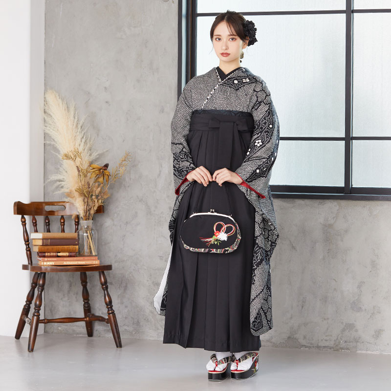  黒 絞り 熨斗に牡丹  絹  宅  Web限定商品 レンタル 振袖袴 R1196