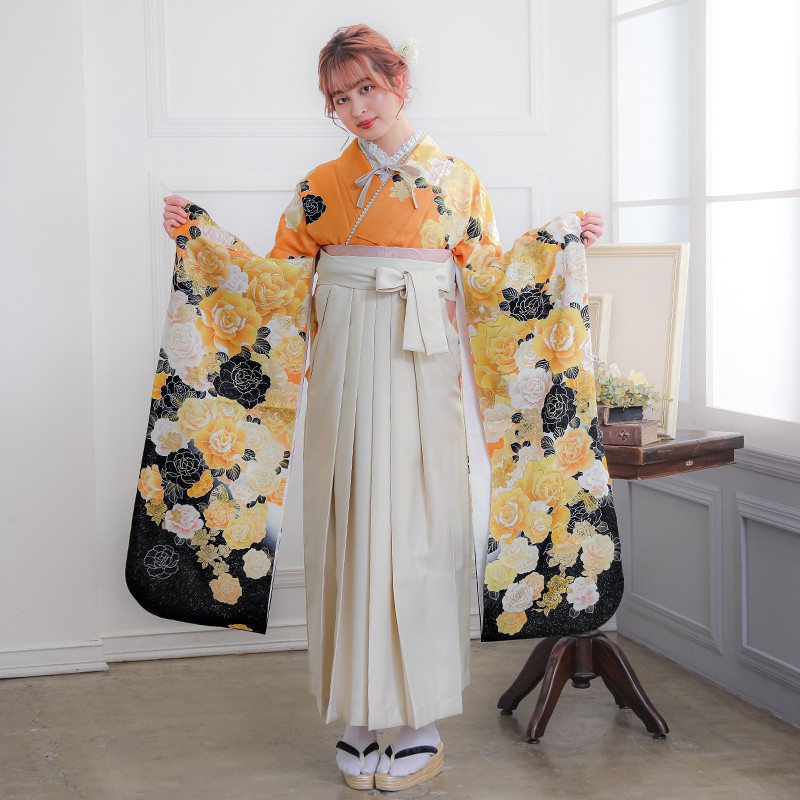  【SALE】 黄 薔薇 絹 レンタル 振袖袴 R1186