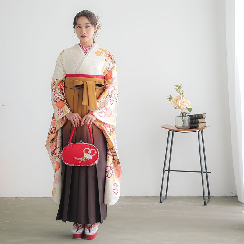  白　雲取牡丹に貝桶  絹 レンタル 振袖袴 R1181