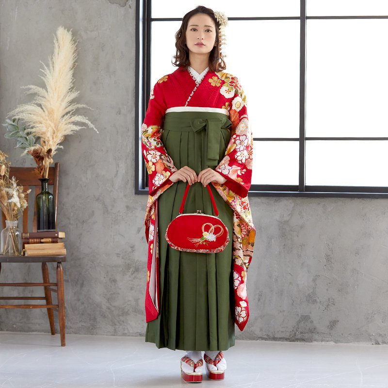  【SALE】 赤 雲取牡丹に貝桶  絹 レンタル 振袖袴 R1180