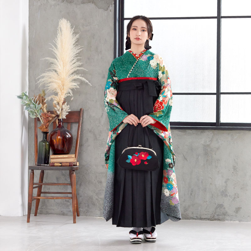  【SALE】 緑 四季の花に蝶  絹 レンタル 振袖袴 R1179