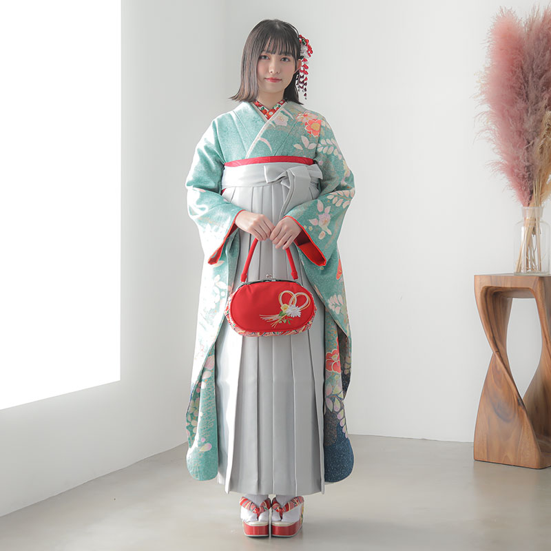  【SALE】 青緑　椿に菊梅文様  絹 レンタル 振袖袴 R1178