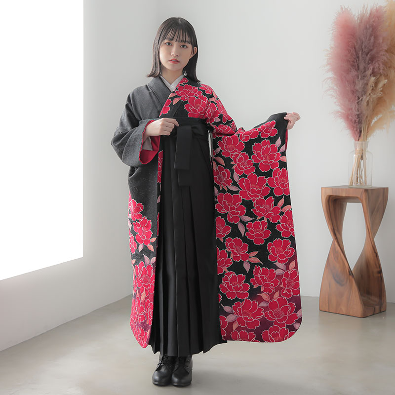  【SALE】 黒　紅桜花  絹  宅  Web限定商品 レンタル 振袖袴 R1164