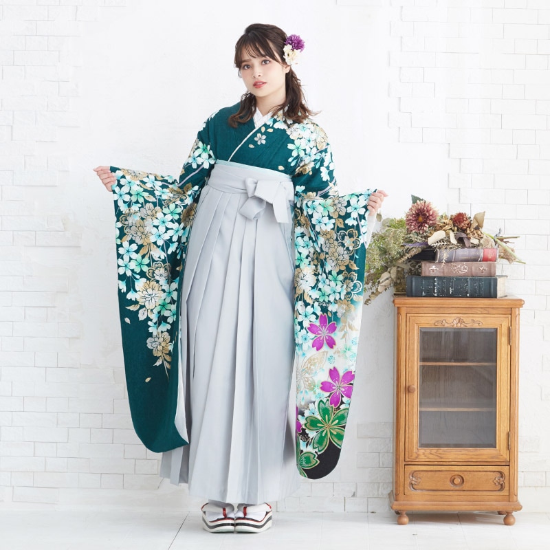  【SALE】 緑 枝垂桜に蝶 絹 レンタル 振袖袴 R1156