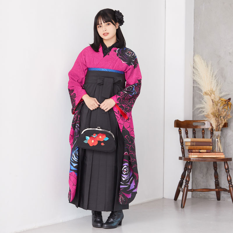  【SALE】 ローズピンク 薔薇 レンタル 振袖袴 R1140