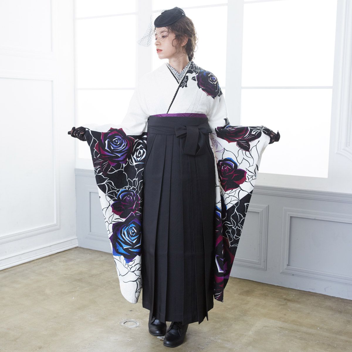  【SALE】 白 薔薇 絹 レンタル 振袖袴 R1139