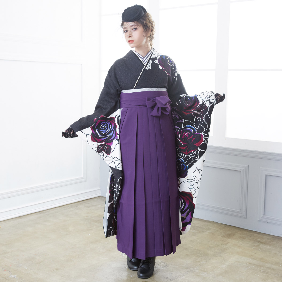  【SALE】 黒 薔薇 絹 レンタル 振袖袴 R1138