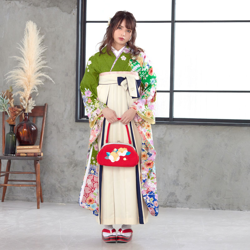  【SALE】 緑 雲取桜に辻が花  絹  宅  Web限定商品 レンタル 振袖袴 R1128