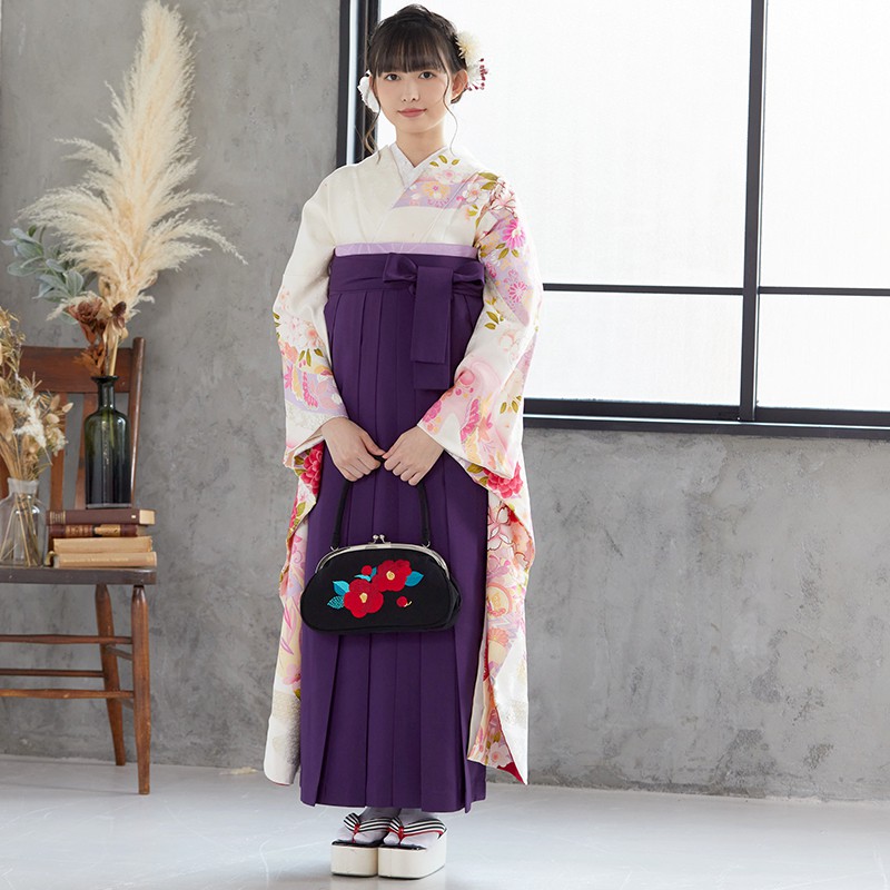  【SALE】 白 慶長牡丹に丸紋  絹  宅  Web限定商品 レンタル 振袖袴 R1124