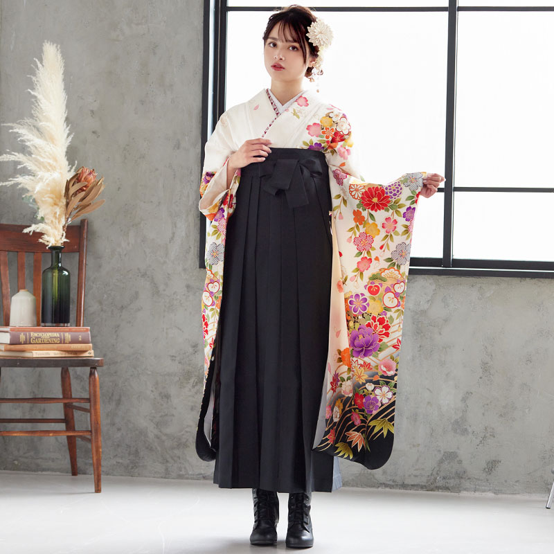  【SALE】 白 枝垂桜に花丸紋 絹 レンタル 振袖袴 R1101