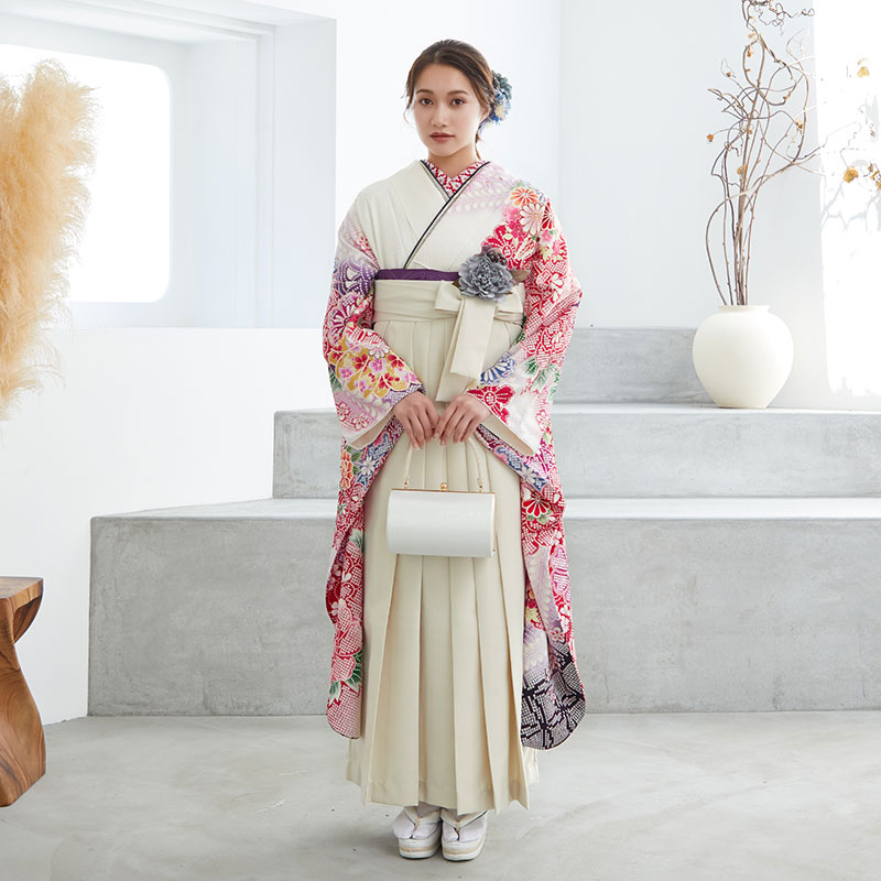  【SALE】 白　疋田牡丹に花車 絹 レンタル 振袖袴 R1094