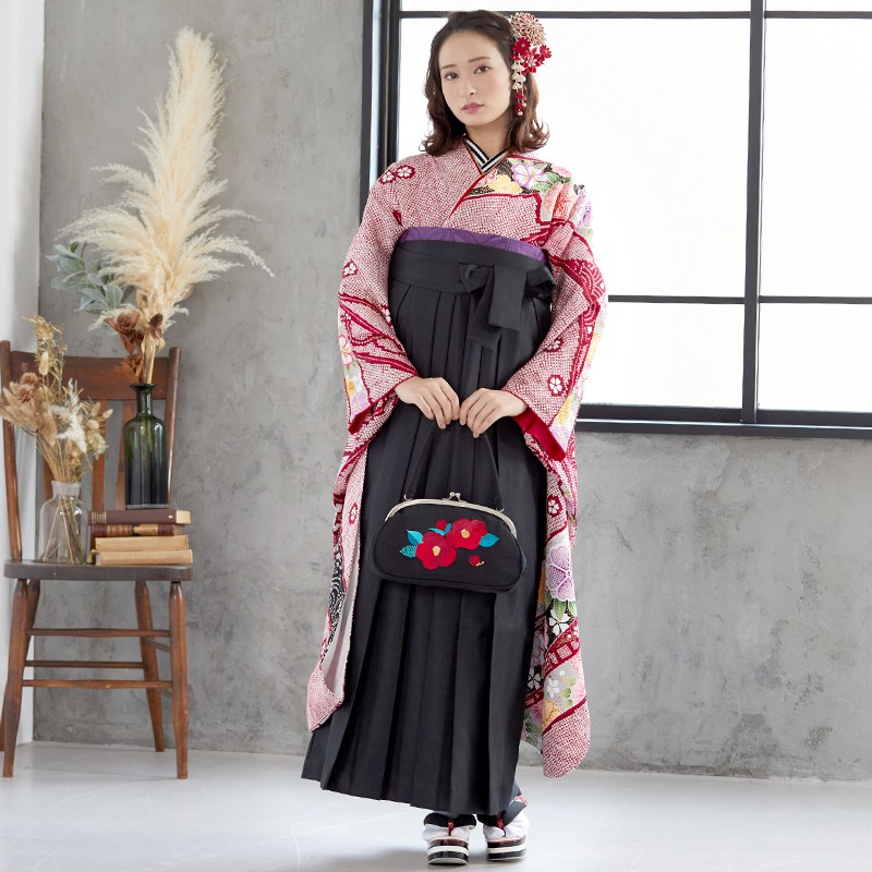  【SALE】 赤 疋田熨斗に桜 絹 レンタル 振袖袴 R1091