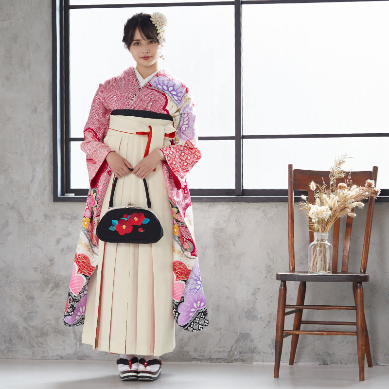 赤 疋田雲取松文様 絹 レンタル 振袖袴 R1089