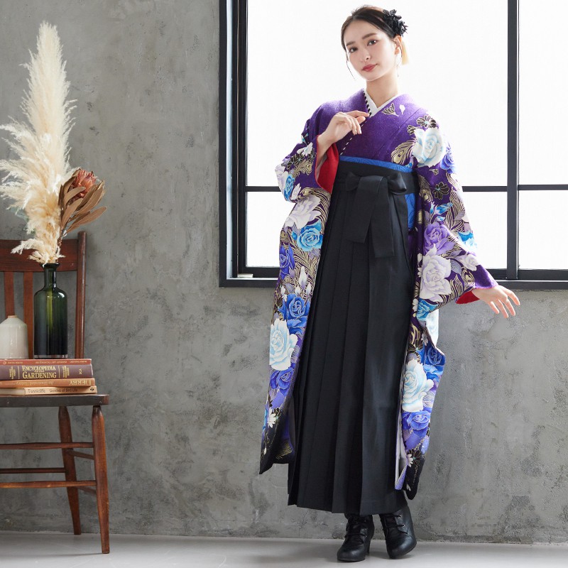  【SALE】 紫 薔薇と孔雀の羽 絹 レンタル 振袖袴 R1086