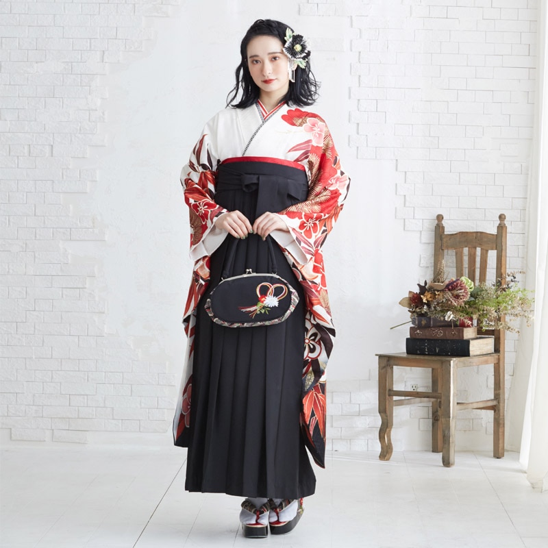  【SALE】 白 松竹梅  絹 レンタル 振袖袴 R1084