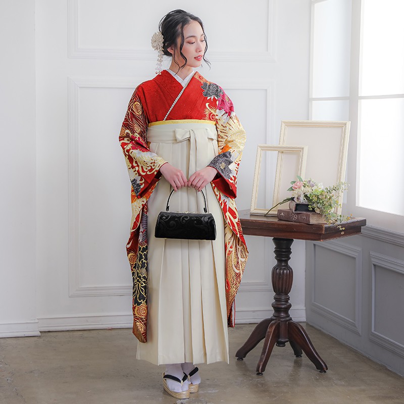 MURUA 【SALE】 赤 牡丹に乱菊 絹 レンタル 振袖袴 R1083