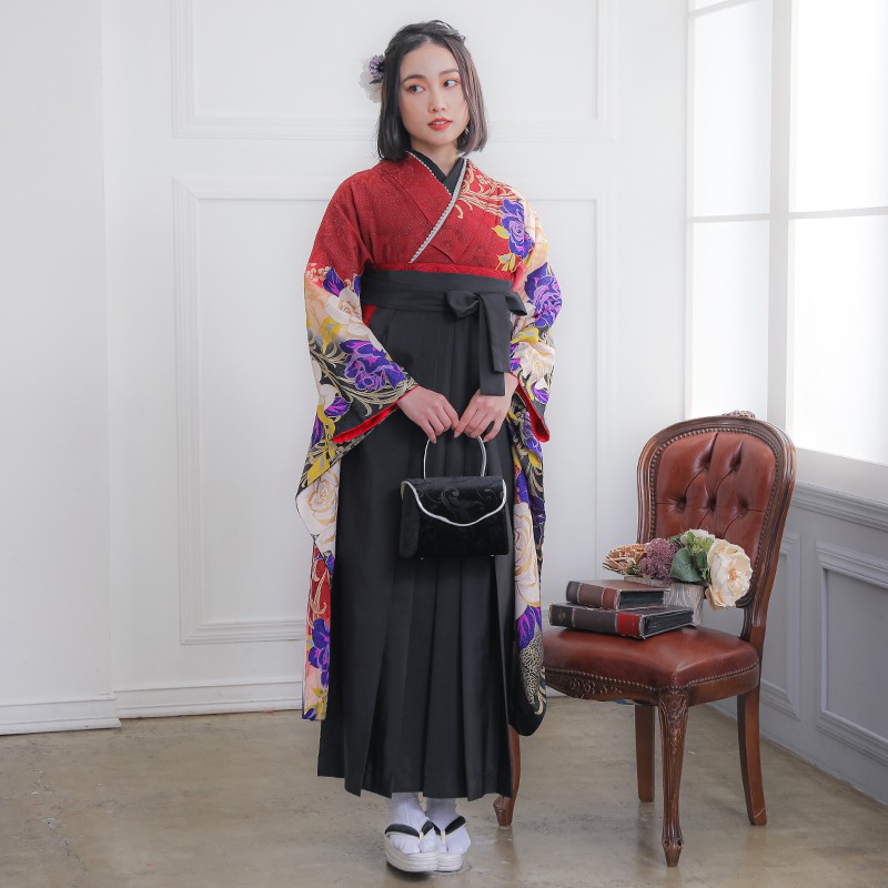 MURUA 【SALE】 臙脂 大輪の薔薇  絹 レンタル 振袖袴 R1082