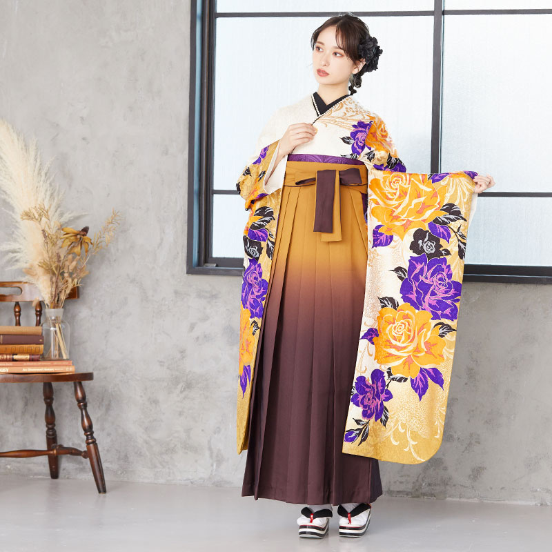 MURUA 【SALE】 白 大輪の薔薇 絹 レンタル 振袖袴 R1081