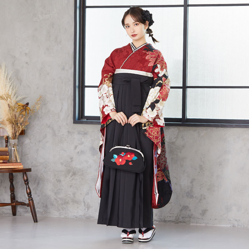 MURUA 臙脂 牡丹に八重桜 絹 レンタル 振袖袴 R1078