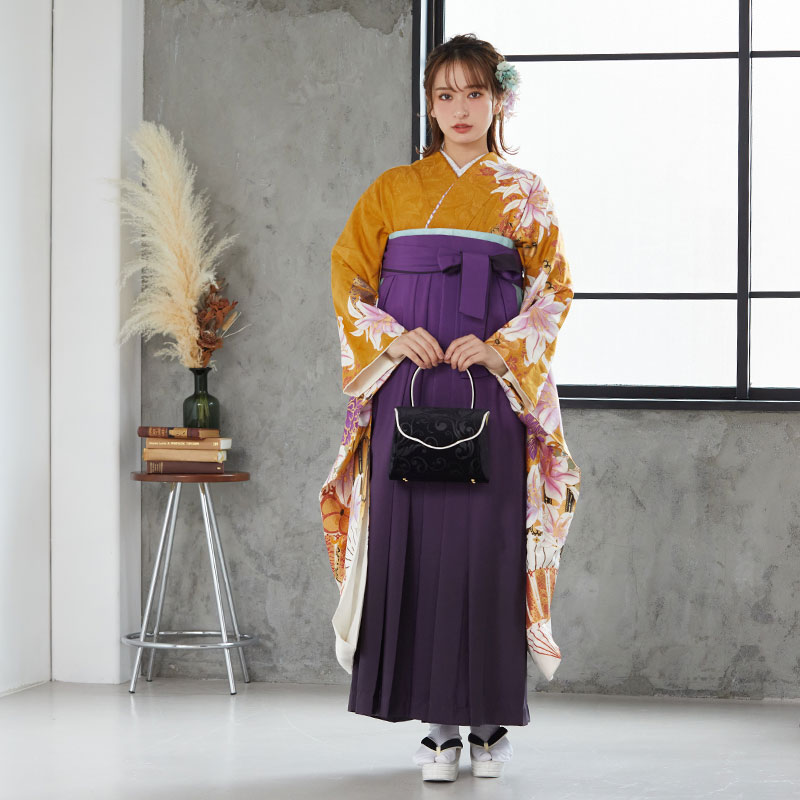 MURUA 【SALE】 金茶 百合と牡丹  絹 レンタル 振袖袴 R1076