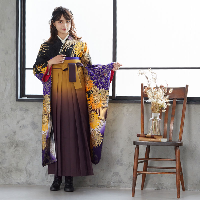 MURUA 【SALE】 黒 牡丹に菊花  絹 レンタル 振袖袴 R1075