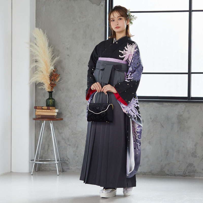  黒 菊花  絹 レンタル 振袖袴 R1069