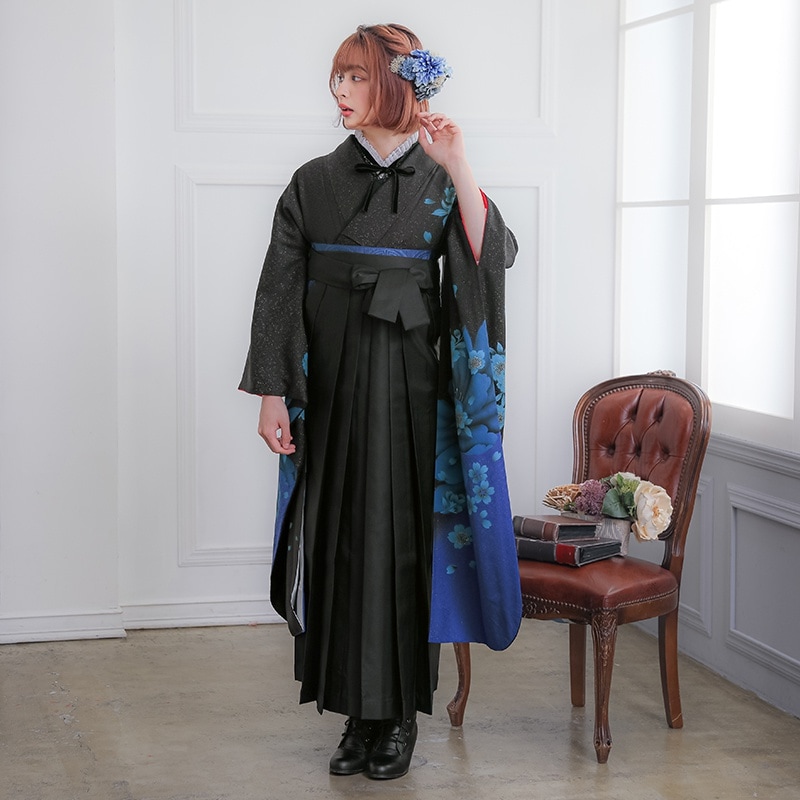  【SALE】 黒ブルー 桜 絹 レンタル 振袖袴 R1068