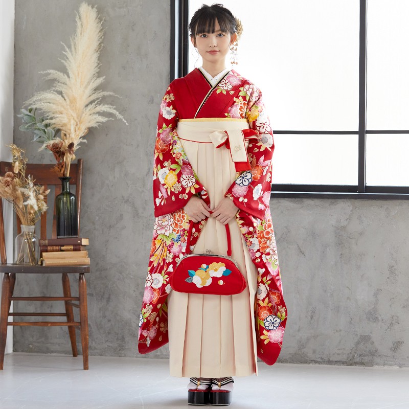 【SALE】 赤 花紋に花くす玉 レンタル 振袖袴 R1019
