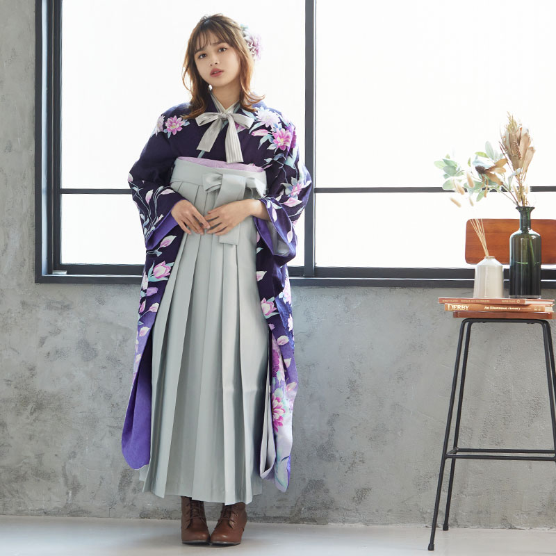  【SALE】 紺 ダリアとカラー 絹  宅  Web限定商品 レンタル 振袖袴 R1017