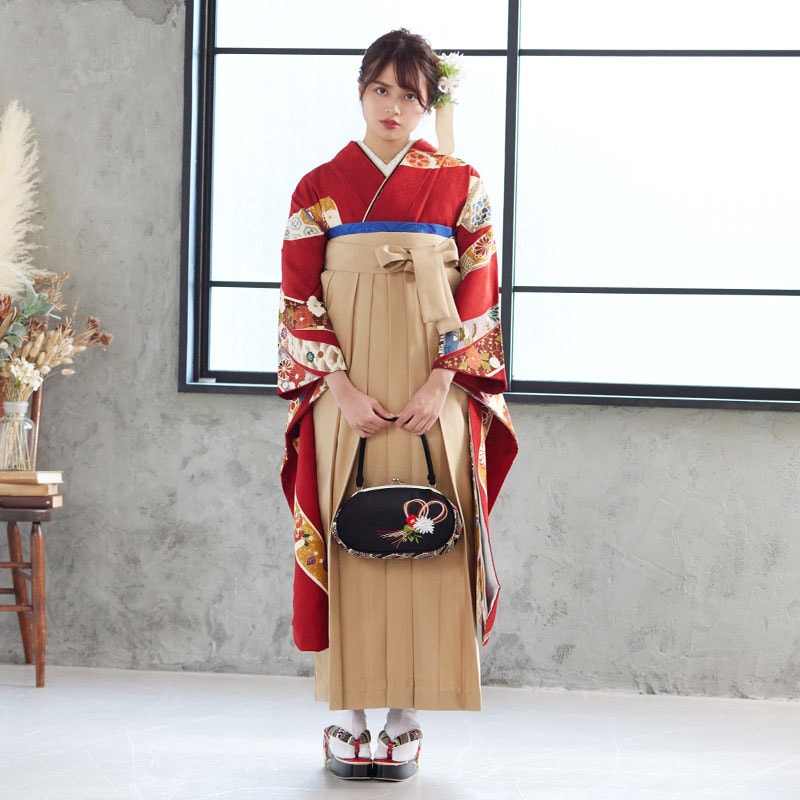  【SALE】 赤 熨斗柄伝統文様  絹 レンタル 振袖袴 R092