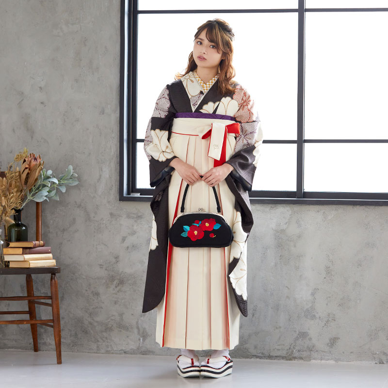  【SALE】 墨色 大花文  絹 レンタル 振袖袴 R051