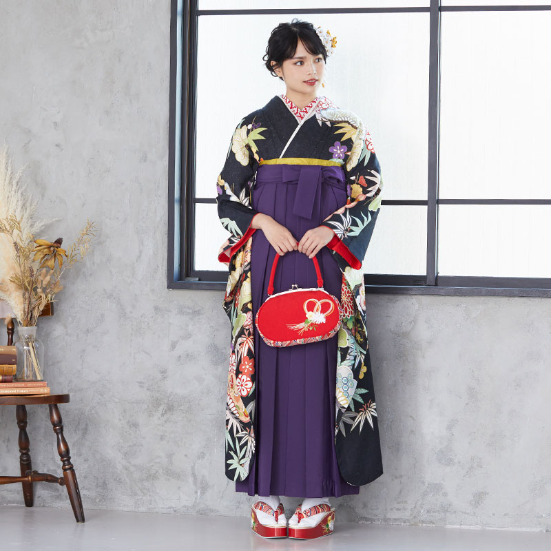  【SALE】 黒 花笠松に松竹梅 絹 レンタル 振袖袴 R483