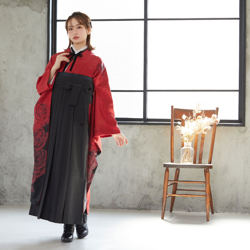  赤 真紅のモダンローズ  絹 レンタル 振袖袴 R479