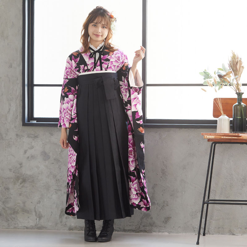  【SALE】 黒 牡丹と蝶  絹 レンタル 振袖袴 R457