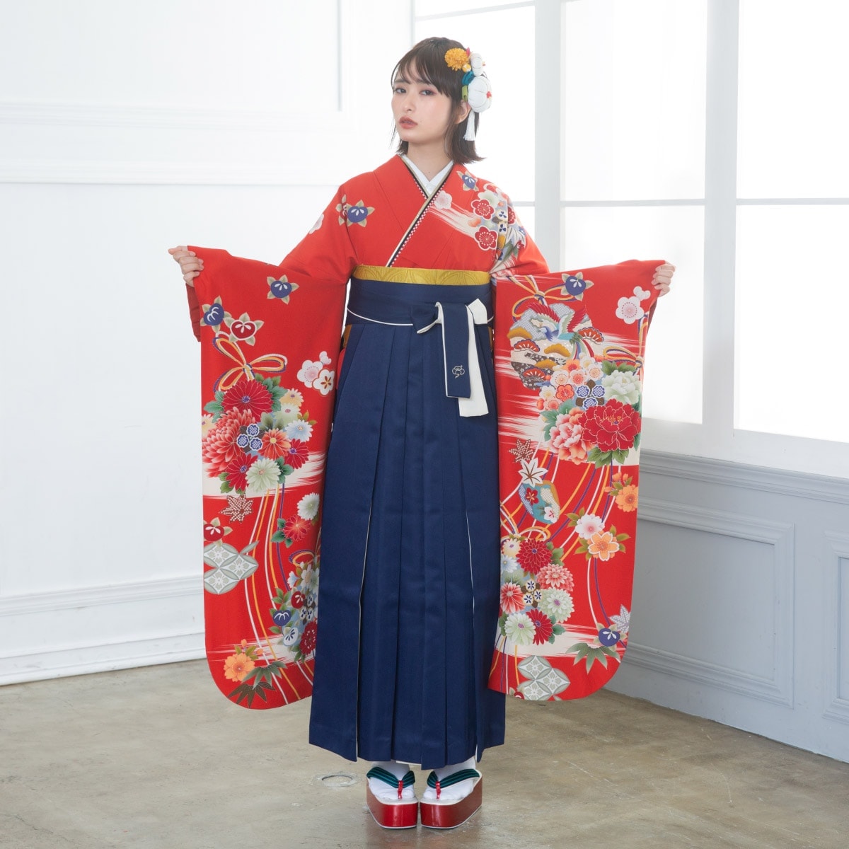 きもの道楽 【SALE】 赤 牡丹と雪輪に鳳凰と花 レンタル 振袖袴 R441