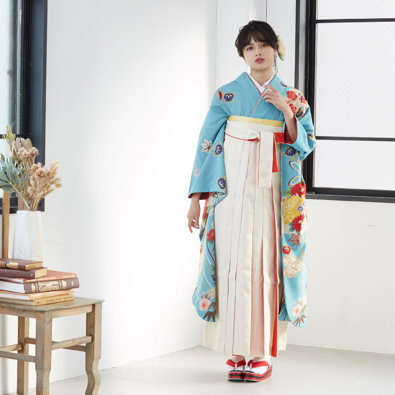 きもの道楽 【SALE】 水色 牡丹と雪輪に鳳凰と花 レンタル 振袖袴 R439