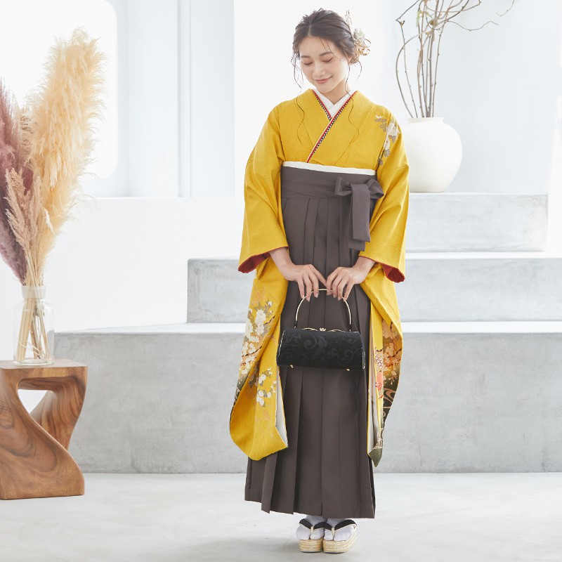  【SALE】 黄色 花籠文と花絵巻  絹 レンタル 振袖袴 R330