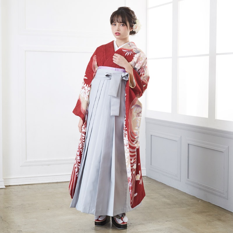  【SALE】 赤 大輪華  絹 レンタル 振袖袴 R322