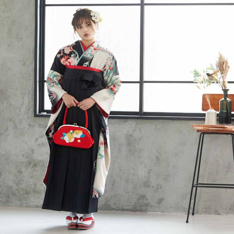 和風館 【SALE】 白×黒 四君子花丸文 レンタル 振袖袴 R272