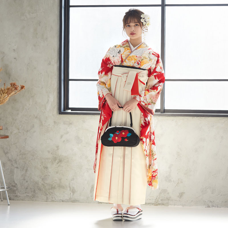 きもの道楽 【SALE】 赤 鶴と牡丹 レンタル 振袖袴 R226