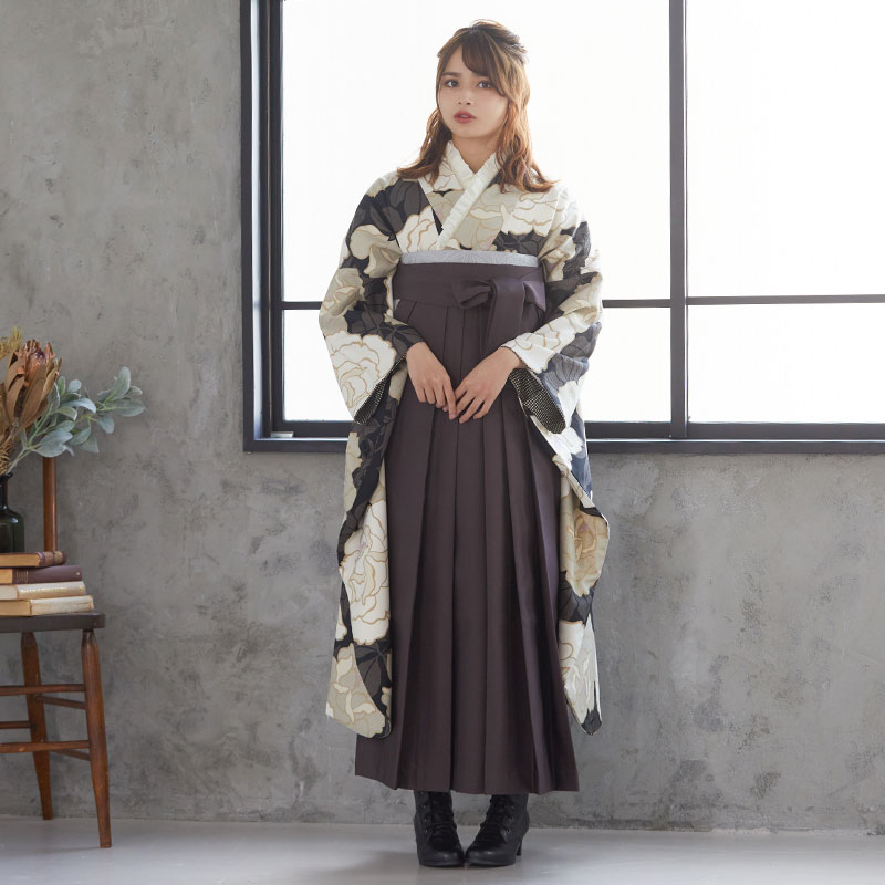 和風館 黒×ベージュ 薔薇 R497 レンタル 振袖袴 R215