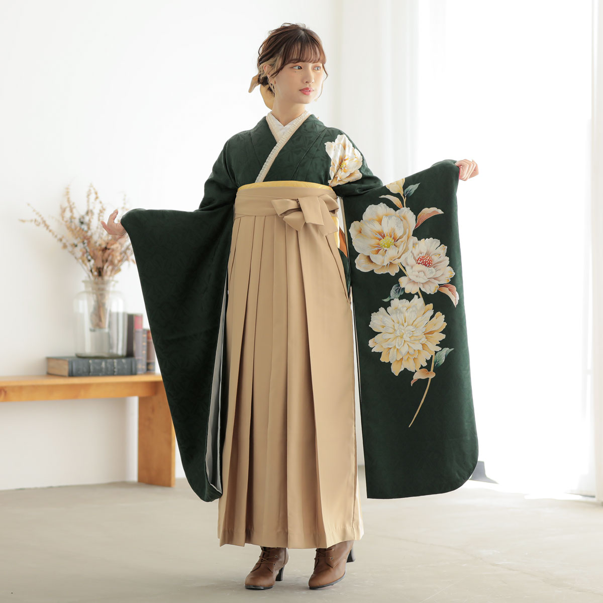 ナナイロ 【SALE】 深緑　牡丹 レンタル 振袖袴 R2051