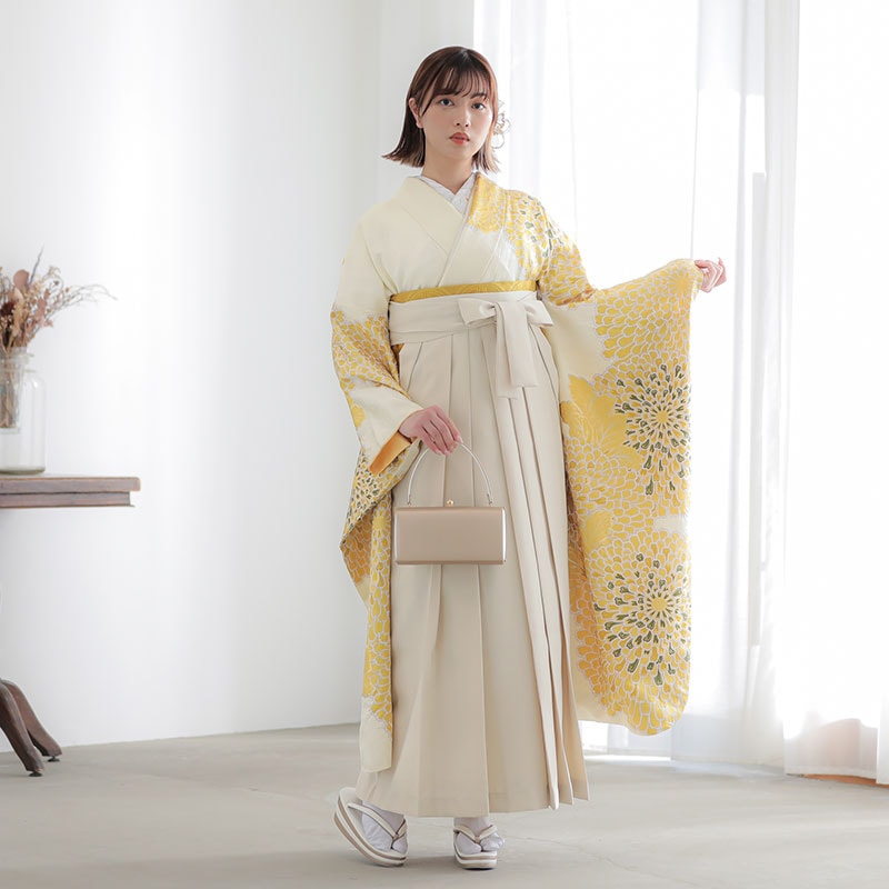  【SALE】 最高峰絞り染元「滝泰」薄黄　大輪むじな菊 レンタル 振袖袴 R2050