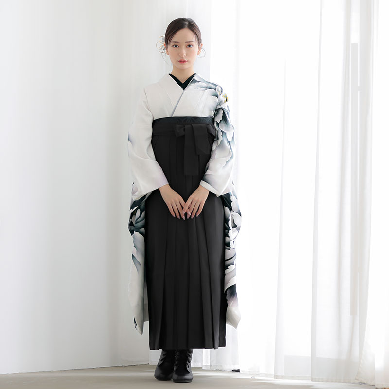  【SALE】 白×黒　大輪牡丹 レンタル 振袖袴 R2046
