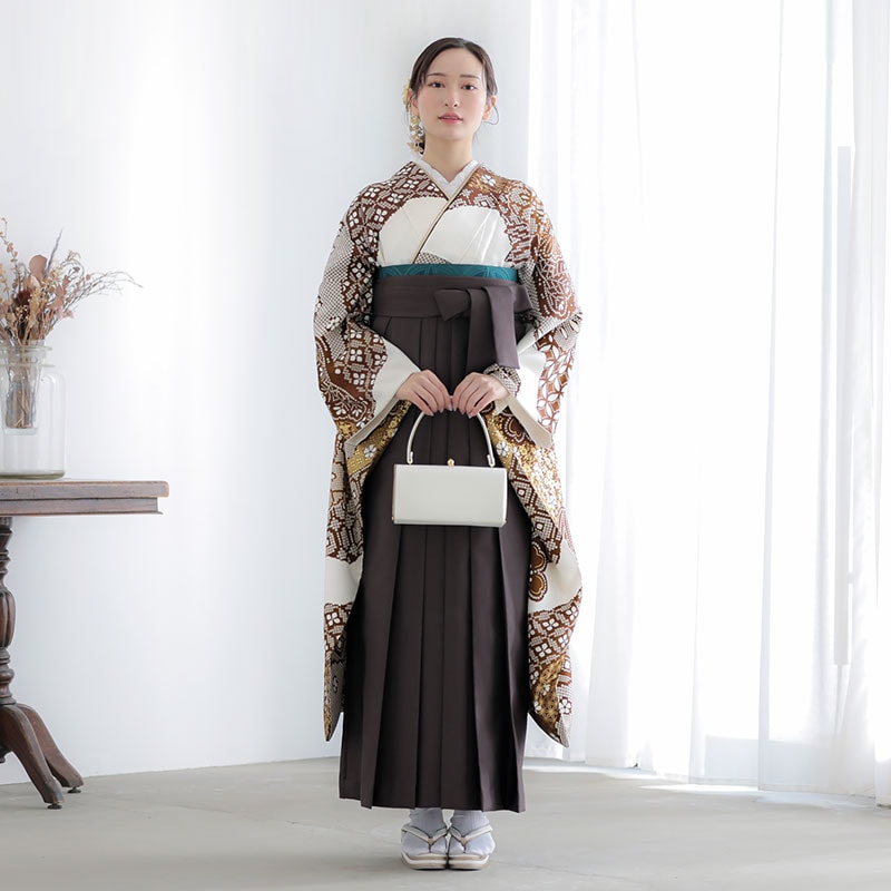  白×茶　疋田風松竹梅 レンタル 振袖袴 R2045