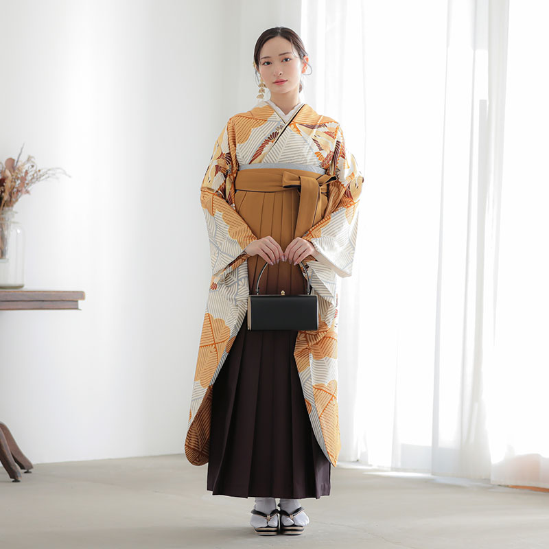  薄グレー　松葉に向かい鶴菱 レンタル 振袖袴 R2044