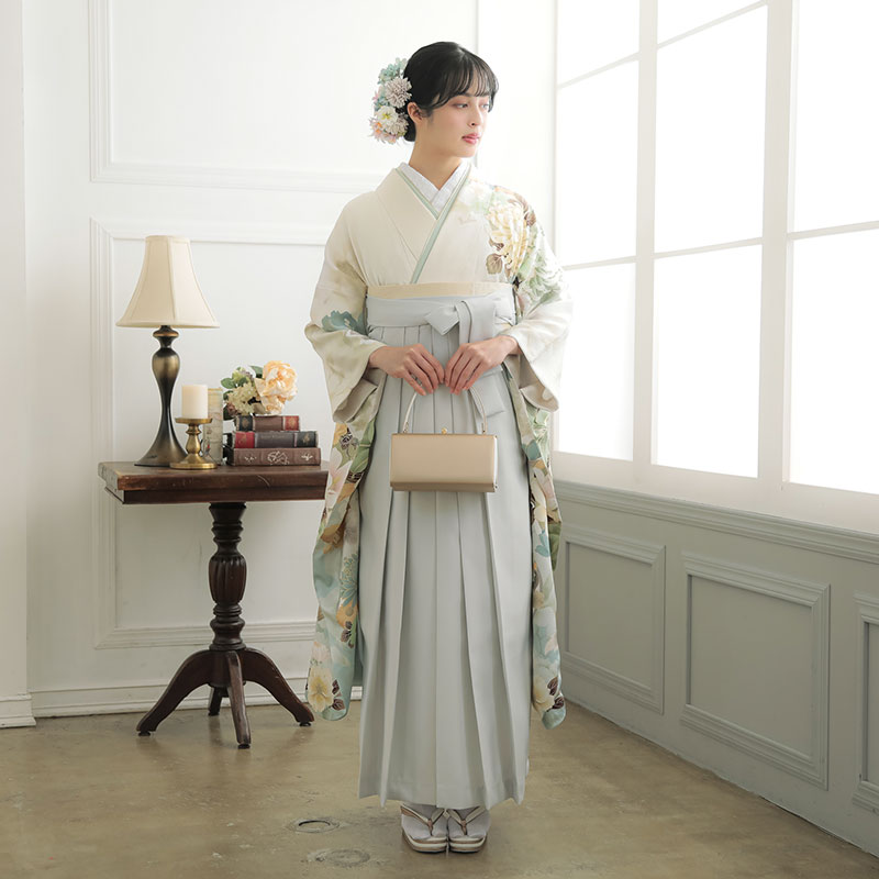 Ma Minette Purete 【SALE】 オフホワイト　乱菊と椿　花丸紋 レンタル 振袖袴 R2041