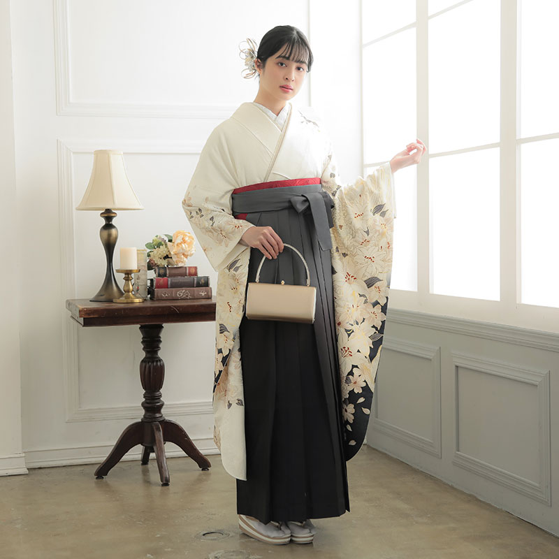 東京レトロ 【SALE】 白　百合に乱菊 レンタル 振袖袴 R2040