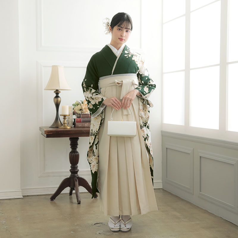 東京レトロ 深緑　百合に乱菊 レンタル 振袖袴 R2039